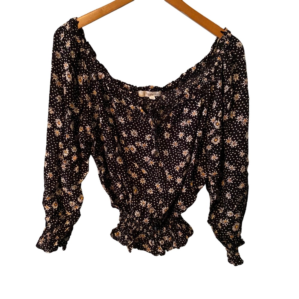 Rewind Black Daisy Print Smocked Off Shoulder Long Sleeve Cropped Top Women's L